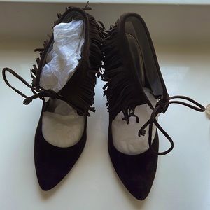 Calvin Klein Pixy brown leather suede stiletto pumps fringe and lace up tie